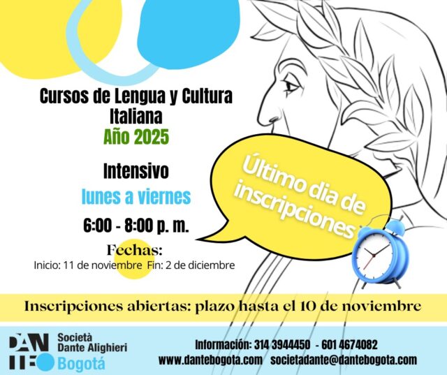 ¿Sueñas con hablar italiano? 🇮🇹
Hoy es el último día para unirte a nuestro curso intensivo de lengua y cultura italiana.
Solo tres semanas para acercarte a la bella lingua! 💬
📩 ¡Inscríbete hoy y empieza el 11 de noviembre!