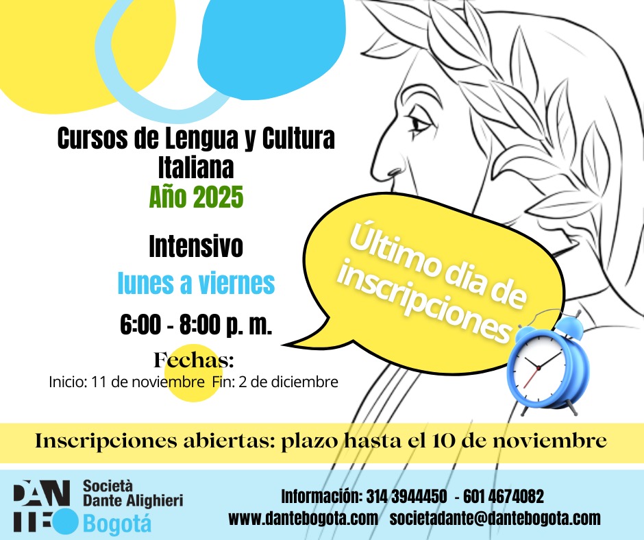 ¿Sueñas con hablar italiano? 🇮🇹
Hoy es el último día para unirte a nuestro curso intensivo de lengua y cultura italiana.
Solo tres semanas para acercarte a la bella lingua! 💬
📩 ¡Inscríbete hoy y empieza el 11 de noviembre!