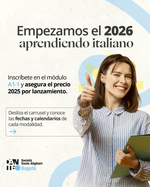 ¿Tu propósito para el 2026 es aprender italiano? Este es el momento.

Lanzamos el módulo A1-1 con precio 2025, exclusivo para el Ciclo 1 en enero para las modalidades intensivas y semiintensivas.
📅 Asegura tu cupo desde hoy.