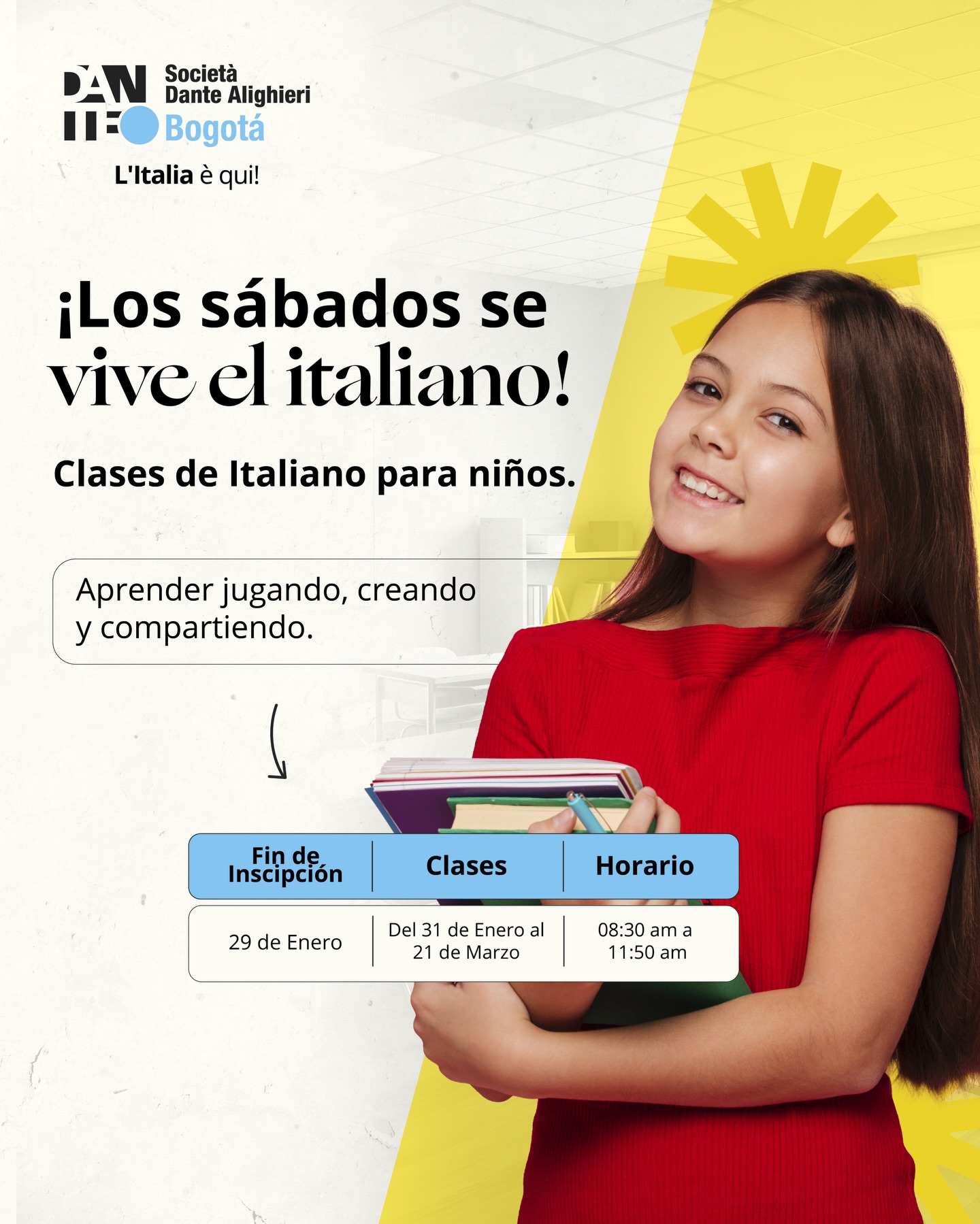 Nuestros cursos para niños evolucionan.
Ahora los sábados son 3 horas de aprendizaje y experiencia:
🕘 antes 2 horas de clase, ahora sumamos 1 hora extra de proyectos culturales.

Más tiempo para aprender, crear y divertirse mientras descubren la lengua y la cultura italiana.
Inscripciones abiertas.