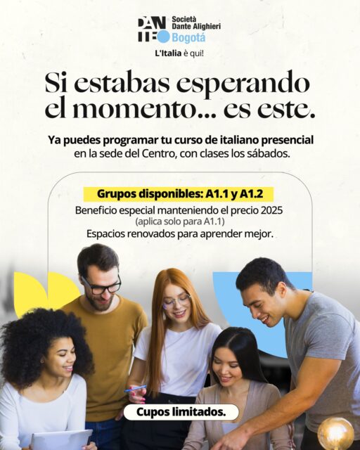 Este sábado inician las clases presenciales en nuestra 📍Sede Dante in Centro.

✨ Niveles A1.1 y A1.2 disponibles
💸 Beneficio especial para quienes inician el nivel A1.1
⏳ Grupos en formación 🇮🇹

👉 Escríbenos y programa tu curso antes de que inicie. ¡Queda muy poco tiempo!