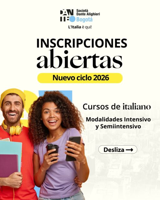 🇮🇹 ¡Inscripciones abiertas!
Ya está disponible el nuevo ciclo de nuestros cursos de italiano, con modalidades intensivo y semiintensivo. Encuentra el nivel que mejor se adapte a ti.

📚 Modalidades disponibles:
• Intensivo (Lunes a Viernes)
• Semiintensivo (Martes y Jueves)
• Semiintensivo (Lunes y Miércoles)

📍 Elige la sede más cercana:
Sede Principal Norte o Dante in Centro

⏳ Últimos días para inscribirte al tercer ciclo.
📲 Más información por WhatsApp: (+57) 314 394 4450

#cursosdeitaliano #aprenderitaliano #dantebogotá #societàdantealighieri