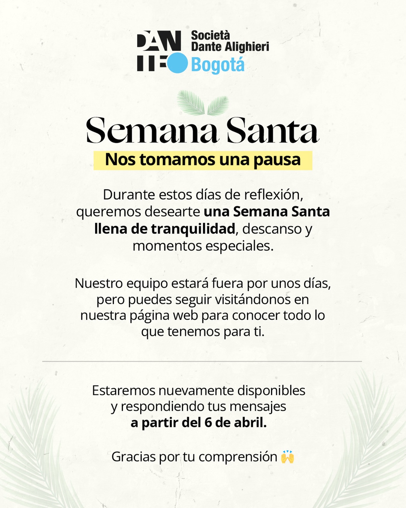 Nos tomamos una pausa por Semana Santa para recargar energías y volver con toda 💪✨
Mientras tanto, te invitamos a seguir explorando nuestra página web 💻
📅 Retomamos atención el 6 de abril
Gracias por estar con nosotros 🤍
#semanasanta #volvemospronto #estamosdevuelta #descanso #atencionalcliente