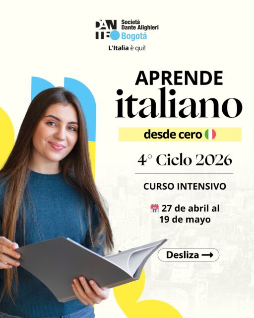 Este es el momento para empezar italiano 🇮🇹

Abrimos inscripciones para el 4° ciclo intensivo 2026, un formato pensado para avanzar rápido, con clases dinámicas y acompañamiento constante.

Podrás elegir el nivel que necesitas y estudiar en modalidad presencial o virtual, según tu disponibilidad.

📅 Inicio: 27 de abril
⏳ Duración: 27 de abril al 19 de mayo

✨ Cupos limitados

📲 Escríbenos y recibe toda la información
(+57) 314 394 4450

👉 Asegura tu cupo y comienza tu proceso en el italiano