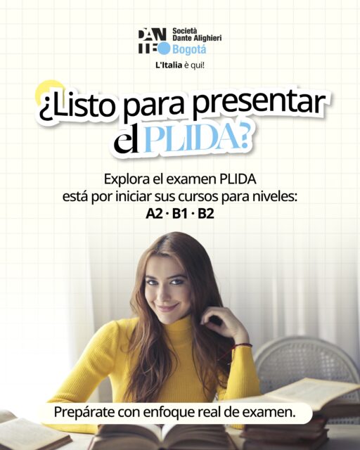 ¿Planeas presentar el examen PLIDA? 🇮🇹
“Explora el examen PLIDA” es un curso práctico pensado para ayudarte a comprender la estructura de la prueba y prepararte con mayor seguridad para los niveles A2, B1 y B2.

📚 INSCRIPCIONES ABIERTAS
✔ 13 horas | 5 sesiones
✔ Modalidad intensiva y semiintensiva
✔ Horario: 6:00 p. m.
💰 Valor: 550.000 COP

📅 Además, ya puedes inscribirte para presentar el examen PLIDA en las fechas programadas: 9, 10 y 11 de junio. Si necesitas más información sobre cursos o inscripción al examen, comunícate a nuestro WhatsApp.

👉 Inscríbete ahora, no pierdas tu oportunidad.