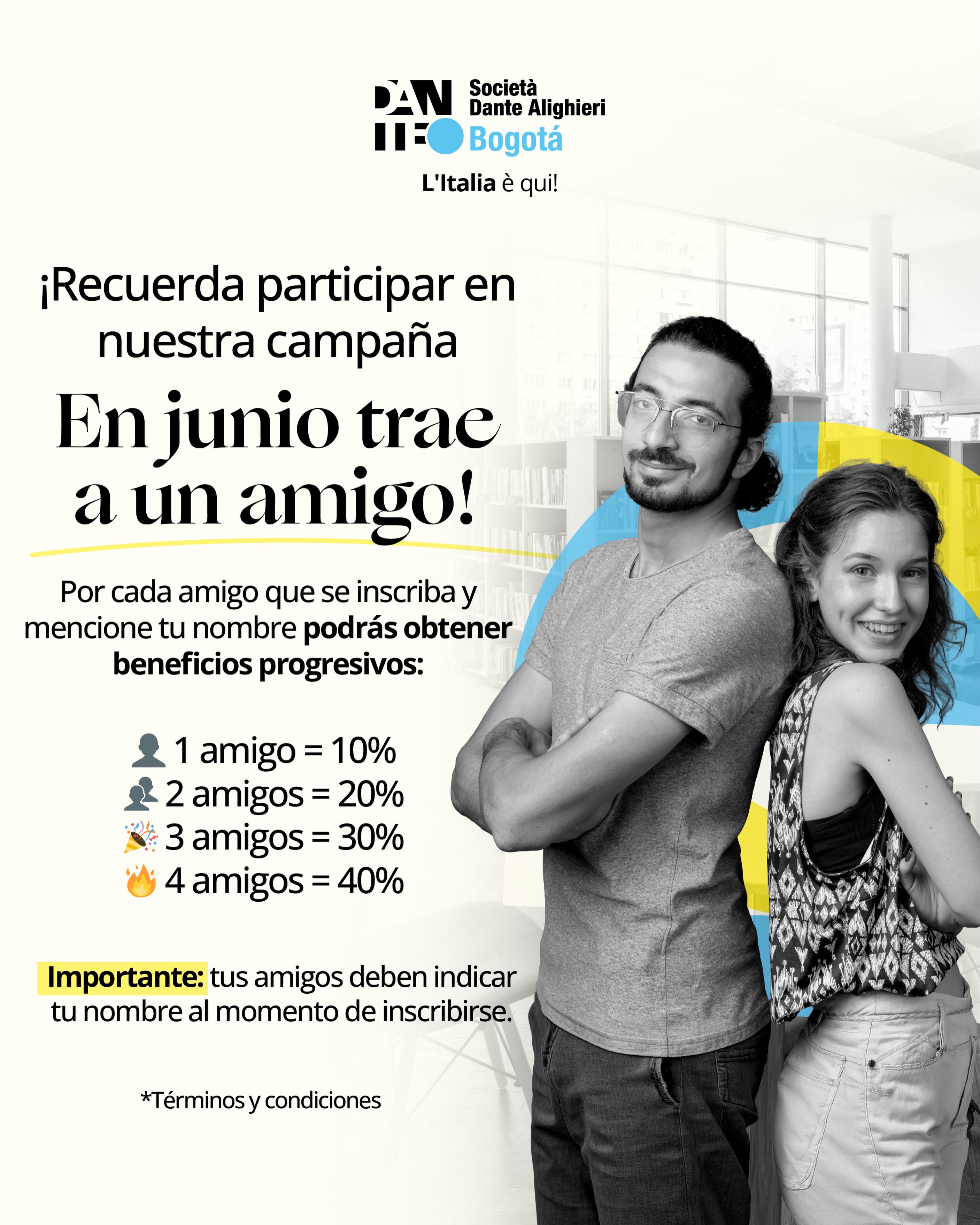 Aprender italiano acompañado tiene beneficios ✨Con nuestra campaña En junio trae a un amigo, tu beneficio crece junto a tu grupo.📌 El beneficio aplica cuando el amigo inscrito es estudiante nuevo. Además, puedes acumularlo con descuentos por convenio hasta alcanzar un máximo del 50%.No importa si ya eres estudiante o si apenas vas a comenzar, invita a tus amigos, compartan la experiencia y comiencen juntos este nuevo reto 🇮🇹#cursosdeitaliano #amigosestudiando #promocionesespeciales #vacaciones