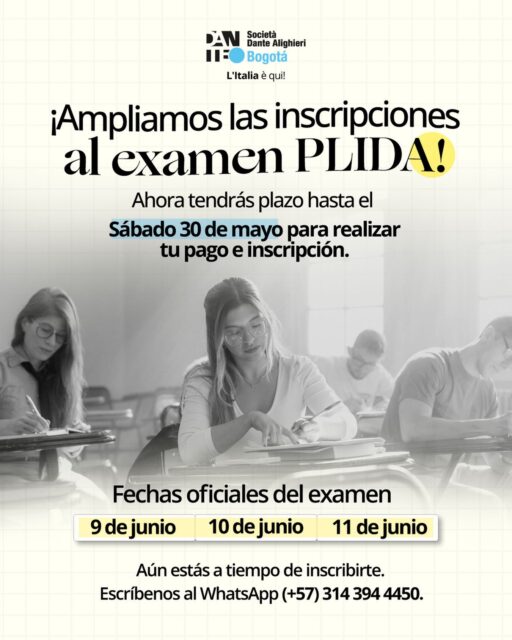 📢 ¡Atención futuros candidatos PLIDA! 🇮🇹

Hemos ampliado el plazo de inscripción para presentar el examen PLIDA.

🗓 Ahora podrás realizar tu pago e inscripción hasta el sábado 30 de mayo.

No pierdas la oportunidad de certificar tu italiano en los niveles PLIDA y asegurar tu participación en las fechas programadas del examen.

📲 Para más información sobre inscripciones, pagos y proceso de registro, comunícate a nuestro WhatsApp.

✨ Últimos cupos disponibles