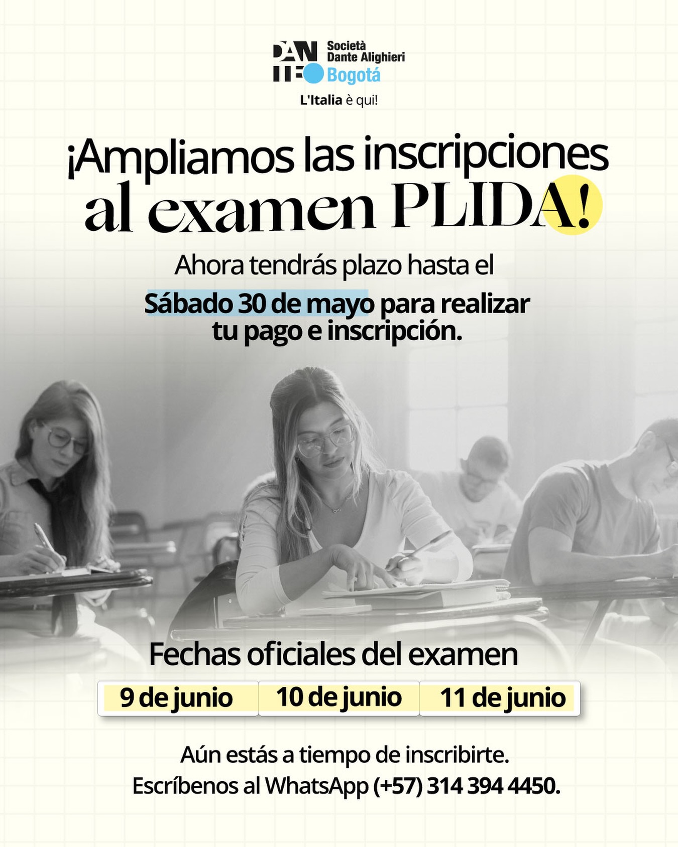 📢 ¡Atención futuros candidatos PLIDA! 🇮🇹

Hemos ampliado el plazo de inscripción para presentar el examen PLIDA.

🗓 Ahora podrás realizar tu pago e inscripción hasta el sábado 30 de mayo.

No pierdas la oportunidad de certificar tu italiano en los niveles PLIDA y asegurar tu participación en las fechas programadas del examen.

📲 Para más información sobre inscripciones, pagos y proceso de registro, comunícate a nuestro WhatsApp.

✨ Últimos cupos disponibles