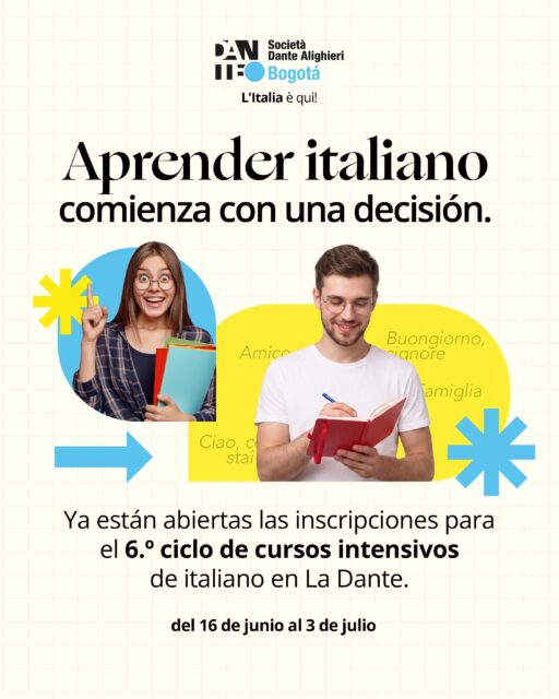 Ogni nuovo corso è una nuova opportunità. 🇮🇹✨

Ya están abiertas las inscripciones para el 6.º ciclo de cursos intensivos de italiano.

Si siempre has querido aprender italiano o continuar tu proceso, este es el momento de hacerlo de la mano de docentes especializados y una metodología enfocada en que vivas el idioma desde el primer día.

📅 Inscripciones: 16 de junio al 3 de julio.
📚 Inicio de clases: 6 de julio.
🕕 Horario: lunes a viernes, de 6:00 p.m. a 8:10 p.m.
💻 Modalidad presencial y virtual. 

¡Te esperamos para seguir descubriendo el italiano juntos! 📩 Más información al WhatsApp (+57) 314 3944450 

#italiano #aprendeitaliano #culturaitaliana #cursosdeitaliano