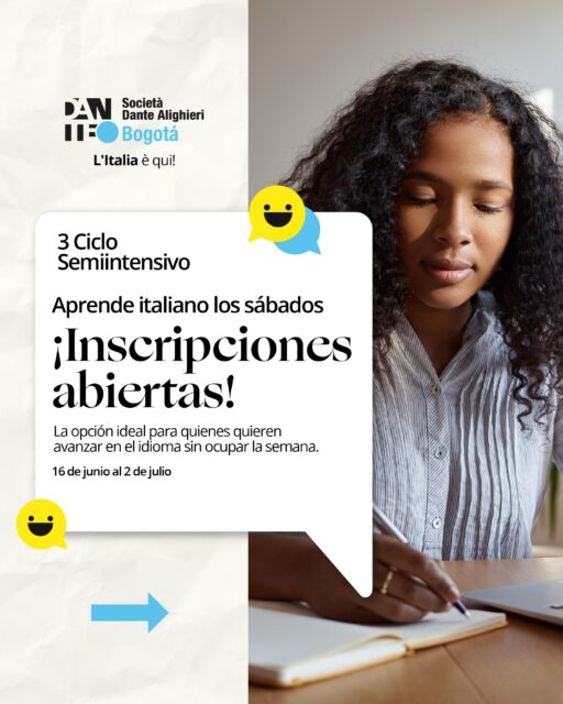 ¿Entre semana no tienes tiempo? Este curso es para ti. 🇮🇹
El 3° Ciclo Semiintensivo de La Dante está diseñado para quienes desean aprender italiano dedicando solo las mañanas de los sábados.

📅 Inscripciones: 16 de junio al 2 de julio.
📚 Inicio de clases: 4 de julio.
🕗 Horario: Sábados de 8:00 a.m. a 12:15 p.m.
💻 Modalidad presencial y virtual.

Empieza este nuevo ciclo y descubre todo lo que el italiano puede abrir para ti.
Mayor información al Whatsapp (+57) 314 394 4450
Ti aspettiamo! 🇮🇹