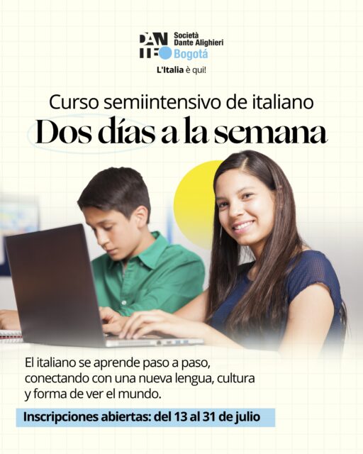 Cada clase es una oportunidad para acercarte un poco más a Italia. 🇮🇹
Si buscas un ritmo constante que se adapte a tu semana, nuestro curso semiintensivo de lunes y miércoles te permitirá desarrollar tus habilidades en italiano mientras descubres una lengua llena de historia, cultura y nuevas oportunidades.

📅 Inicio de clases: 3 de agosto
📝 Inscripciones: del 13 al 31 de julio
Te esperamos en la Cra. 21 #127-23, Bogotá.

✨ Escoge el nivel y la modalidad que mejor se adapten a ti y comienza esta nueva experiencia con La Dante.

📲 Más información e inscripciones por WhatsApp: (+57) 314 394 4450

#aprendeitaliano #idiomaitaliano #culturaitaliana #estudiaitaliano