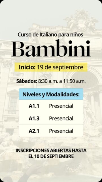 ¿Buscas una actividad para tu hijo que vaya más allá del colegio? 🇮🇹

Aprender italiano puede ser una forma de descubrir una nueva cultura, desarrollar habilidades de comunicación y disfrutar aprendiendo algo diferente.

Este septiembre, tu hijo puede comenzar o continuar su camino en italiano con clases los sábados, en un espacio pensado para aprender de manera dinámica y cercana.

📅 Inicio: 19 de septiembre
🕐 Sábados: 8:00 a.m. a 11:50 a.m.
📚 Modalidad: Presencial
📝 Inscripciones hasta el 17 de septiembre.

📲 Más información e inscripciones al whatsapp (+57) 314 394 4450

#italianoparaniños #aprendeitaliano #cursosdeitaliano #culturaitaliana