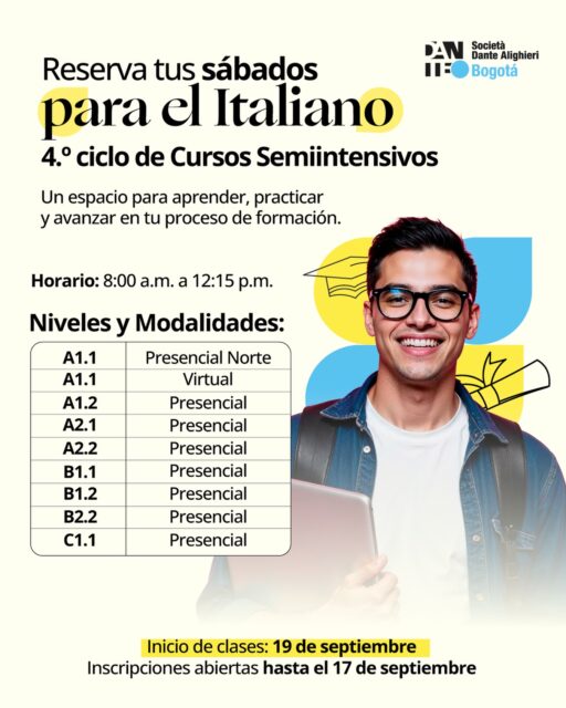 🇮🇹 Reserva tus sábados para el italiano.
Si quieres comenzar a aprender o continuar avanzando en tu proceso, nuestros Cursos Semiintensivos te permiten dedicar una jornada del fin de semana al italiano y seguir construyendo tus habilidades en el idioma.

📅 Inicio de clases: 19 de septiembre
🕐 Clases: sábados, de 8:00 a. m. a 12:15 p. m.
📚 Niveles y Modalidad que se ajustan a tu horario.
📝 Inscripciones abiertas del 24 de agosto al 17 de septiembre.

📲 Escríbenos por WhatsApp para conocer más sobre el curso e inscribirte: (+57) 314 394 4450
🇮🇹Lingua, cultura, connessioni.

#aprendeitaliano #cursosdeitaliano #italiano #culturaitaliana
