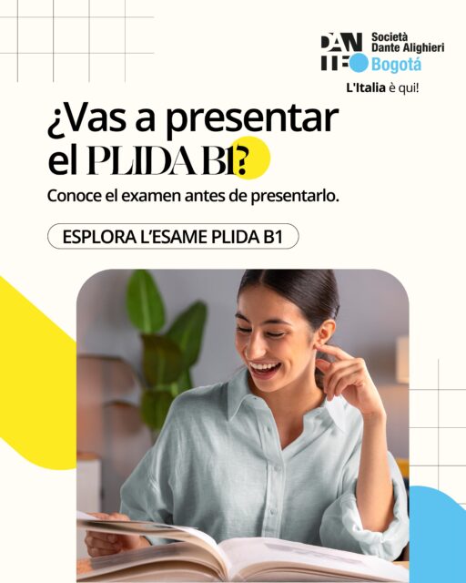 🇮🇹 ¿Vas a presentar el PLIDA B1 y quieres saber qué te espera?

Antes de enfrentarte al examen, conoce su estructura, familiarízate con sus ejercicios y descubre estrategias para abordar cada sección con mayor seguridad.
En ESPLORA L’ESAME PLIDA B1 trabajarás las cuatro habilidades evaluadas y terminarás con una simulación completa tipo PLIDA B1, acompañada y comentada.

📅 Sábados, del 17 de octubre al 14 de noviembre
⏱️ 16 horas
💰 $680.000 COP

Conoce el examen antes de presentarlo. 🇮🇹
📲 Escríbenos para conocer el proceso de inscripción.
