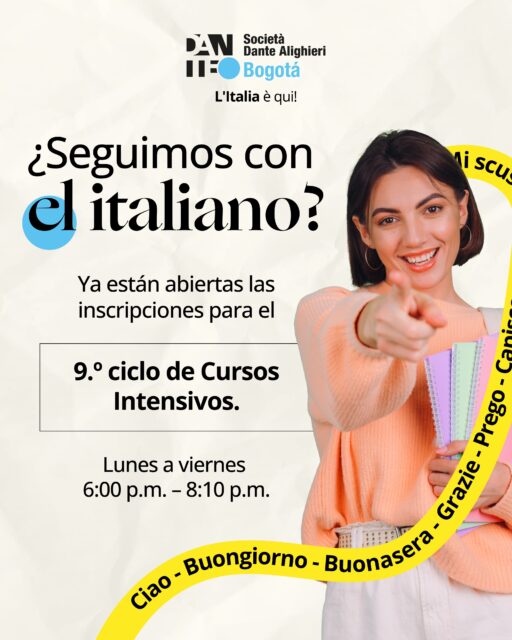 El Ciclo 9 de nuestros Cursos Intensivos ya tiene inscripciones abiertas.

Si quieres seguir estudiando italiano, esta puede ser tu próxima clase, tu próxima palabra y tu próximo paso.

📅 14 de octubre al 3 de noviembre
🕐 Lunes a viernes | 6:00 p.m. – 8:10 p.m.
📝 Inscripciones hasta el 13 de octubre

📲 Comunícate al whatsapp (+57) 314 394 4450

Del 8 al 10 de octubre estaremos en semana de receso y nuestras instalaciones estarán cerradas pero las inscripciones estarán disponibles online.

L’Italia è qui! 🇮🇹.