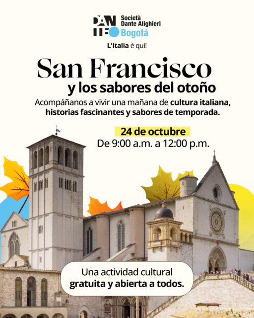 🍂🇮🇹 Una mañana para vivir Italia de una forma diferente.

El otoño italiano llega a la Dante con historias que vale la pena descubrir y sabores que queremos compartir contigo. Ven a conocer curiosidades de la vida de San Francisco de Asís, acercarte al arte italiano y disfrutar de una experiencia cultural para compartir en buena compañía.

Y si te gusta la gastronomía italiana, también podrás visitar nuestra pequeña feria y encontrar delicias de temporada como tagliatelle con hongos y salchicha. 🍝

📅 Sábado, 24 de octubre
🕘 De 9:00 a. m. a 12:00 m.
📍 Te esperamos en nuestra sede principal.
🎟️ Entrada gratuita, sin inscripción previa. 
🍴 Los productos gastronómicos estarán disponibles para la compra.

¡Invita a alguien con quien quieras compartir esta experiencia y ven a disfrutar una mañana con mucho gusto italiano!

Ci vediamo alla Dante! 

#DanteBogota #CulturaItaliana #GastronomíaItaliana #ItaliaEnBogota